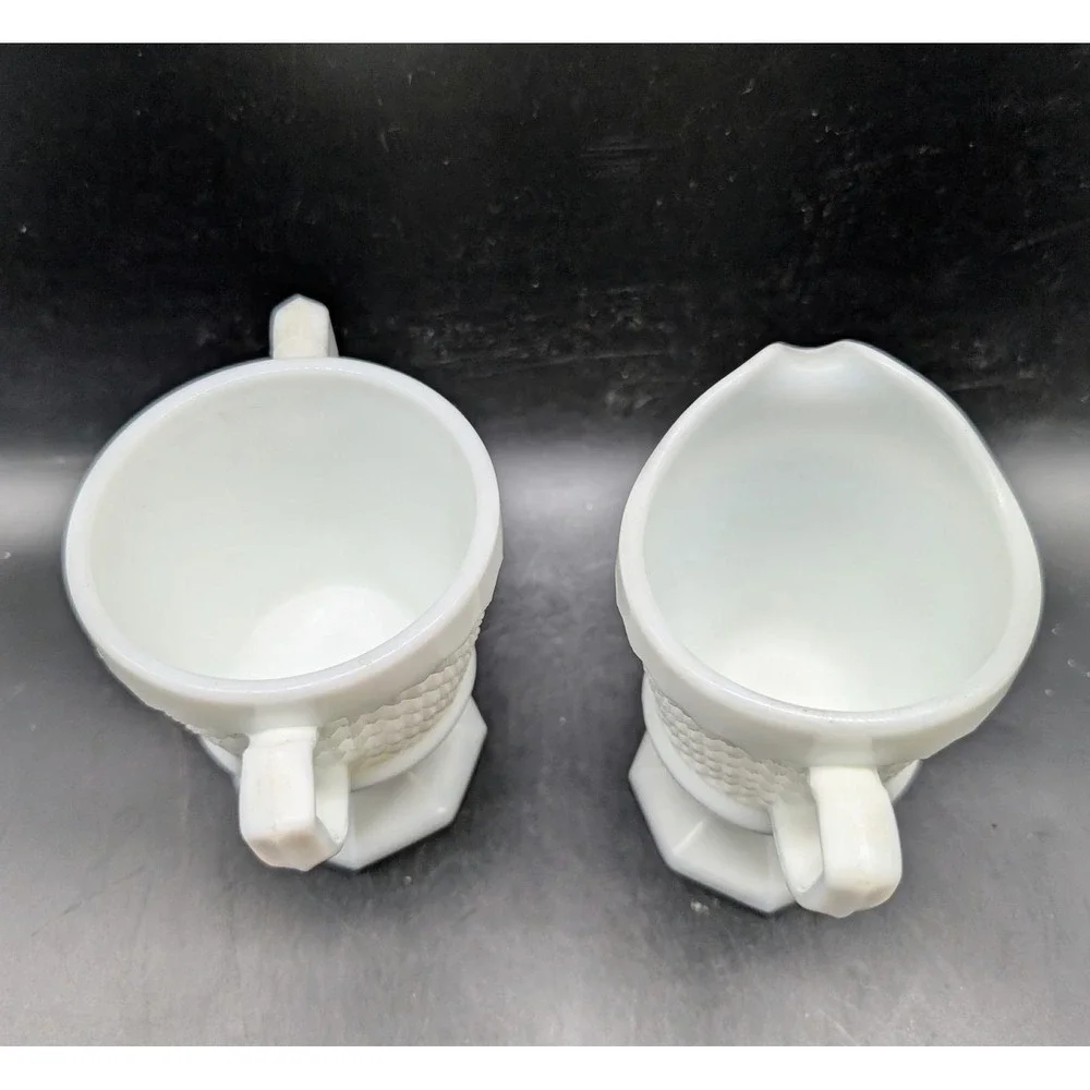 Vintage Westmoreland White Milk Glass Creamer and Sugar Bowl Set Diamond Pattern